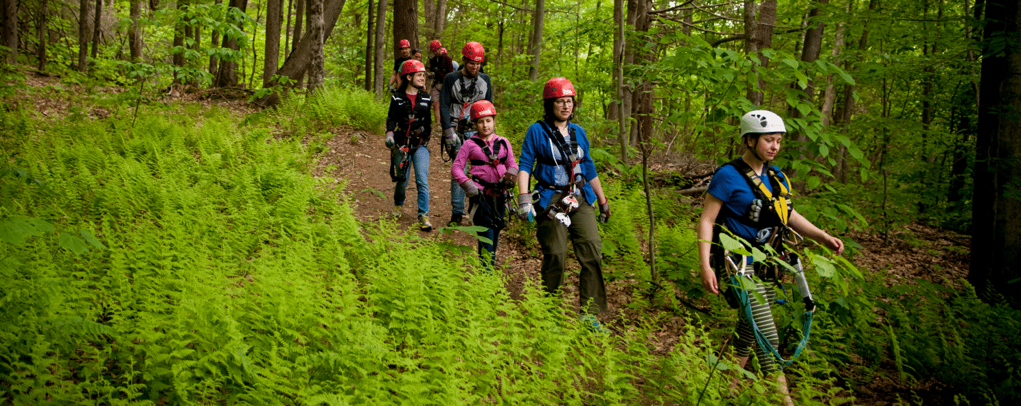 Group of zip liners walking through the woods