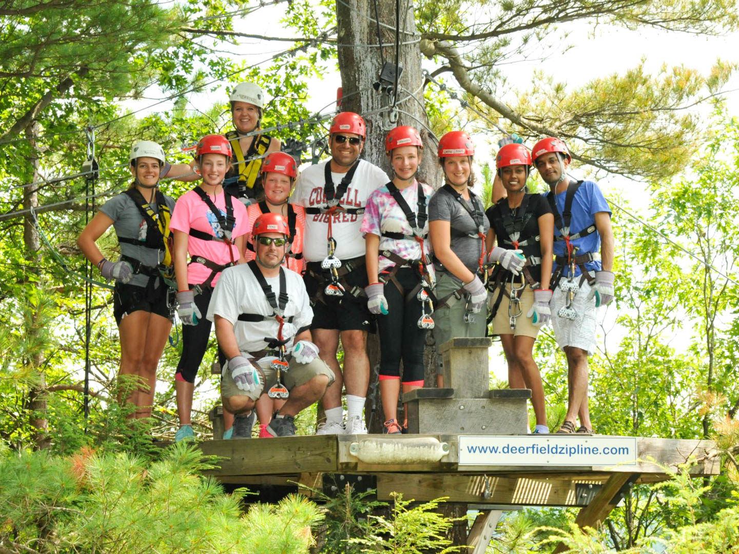 Group of people standing on a perch in the trees ready to zipline