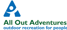Logo for All Out Adventures, with text below reading 'outdoor recreation for people'