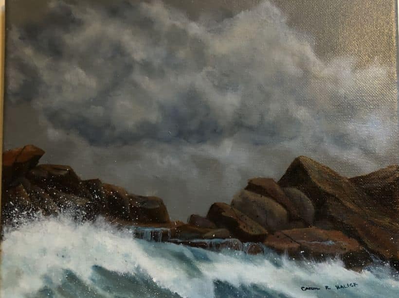 A painting of waves hitting rocks