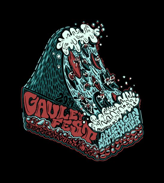 A drawing of a wave with surfers on it and the words Gauley Fest underneath